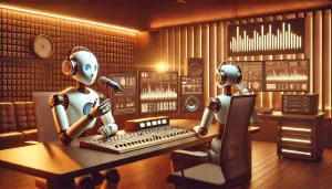 Um robô de inteligência artificial em um estudio de rádio para indicar serviços de IA para programações de rádio.