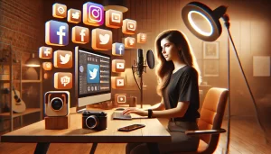 Uma jovem garota Social Media no computador produzindo conteúdos para internet