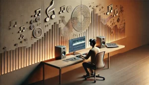 Um especialista de rádio sentado em uma mesa com computador fazendo a programação musical da rádio