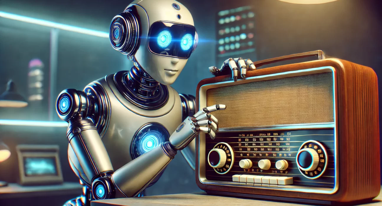 Um robot de inteligência artificial sintonizando em um rádio vintage mostrando que o radio está um passo atrás
