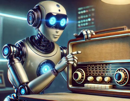 Um robot de inteligência artificial sintonizando em um rádio vintage mostrando que o radio está um passo atrás