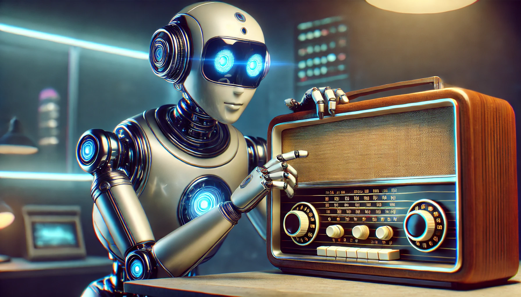 Um robot de inteligência artificial sintonizando em um rádio vintage mostrando que o radio está um passo atrás